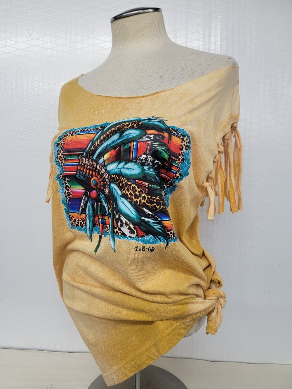Boho Southwest Fringe Tee with Turquoise Feather Headdress Graphic- Upcycled